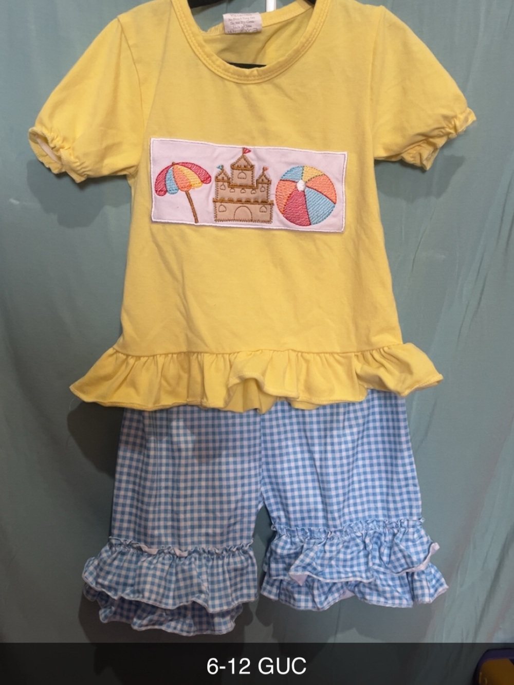Yellow Ruffle Beach Applique Top & Blue Gingham Ruffle Shorts Set
